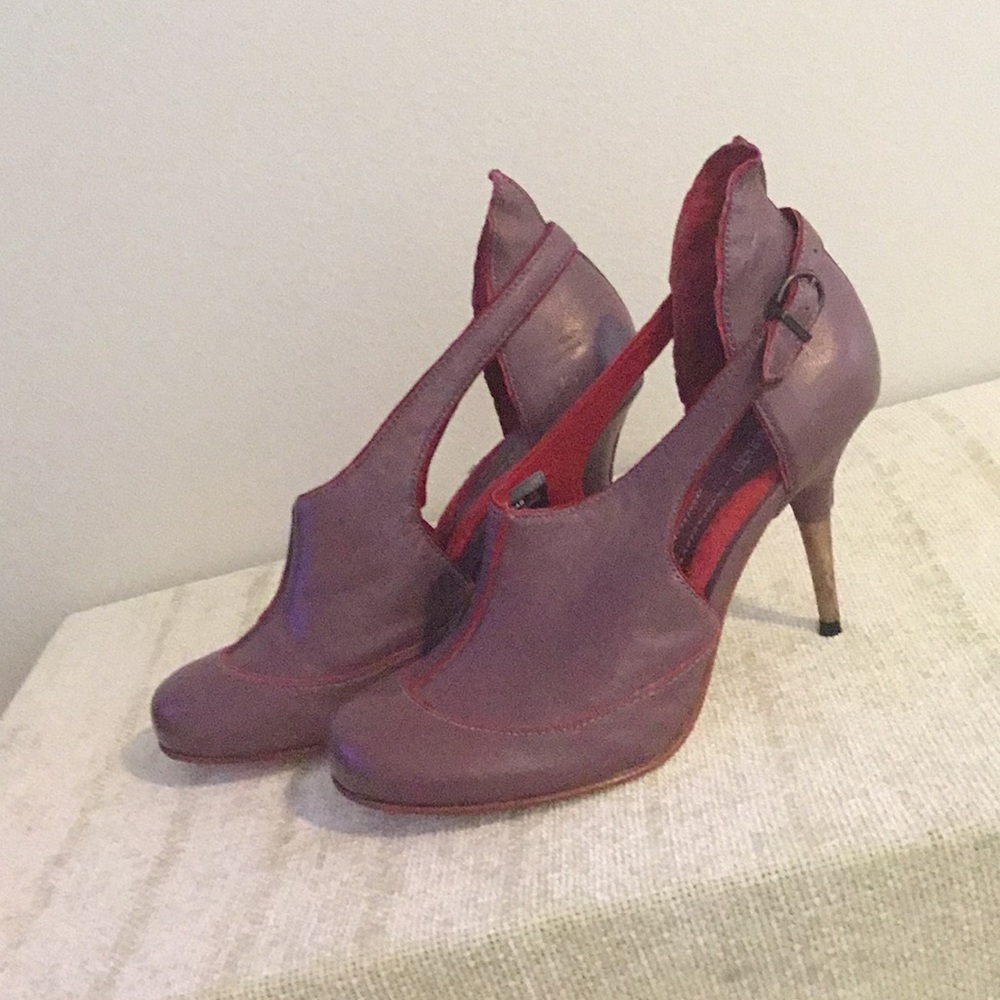 Diesel Purple Leather T-Strap High Heels with Red Accents